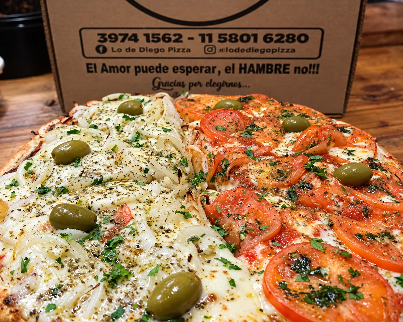 Pizza al molde media y media en la caja de Lo de Diego Pizza, delivery en Quilmes Oeste